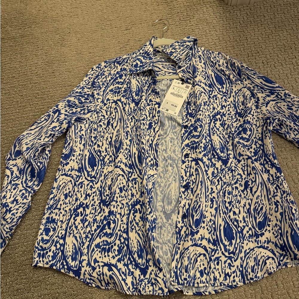 Zara Blue and White Abstract Print Top